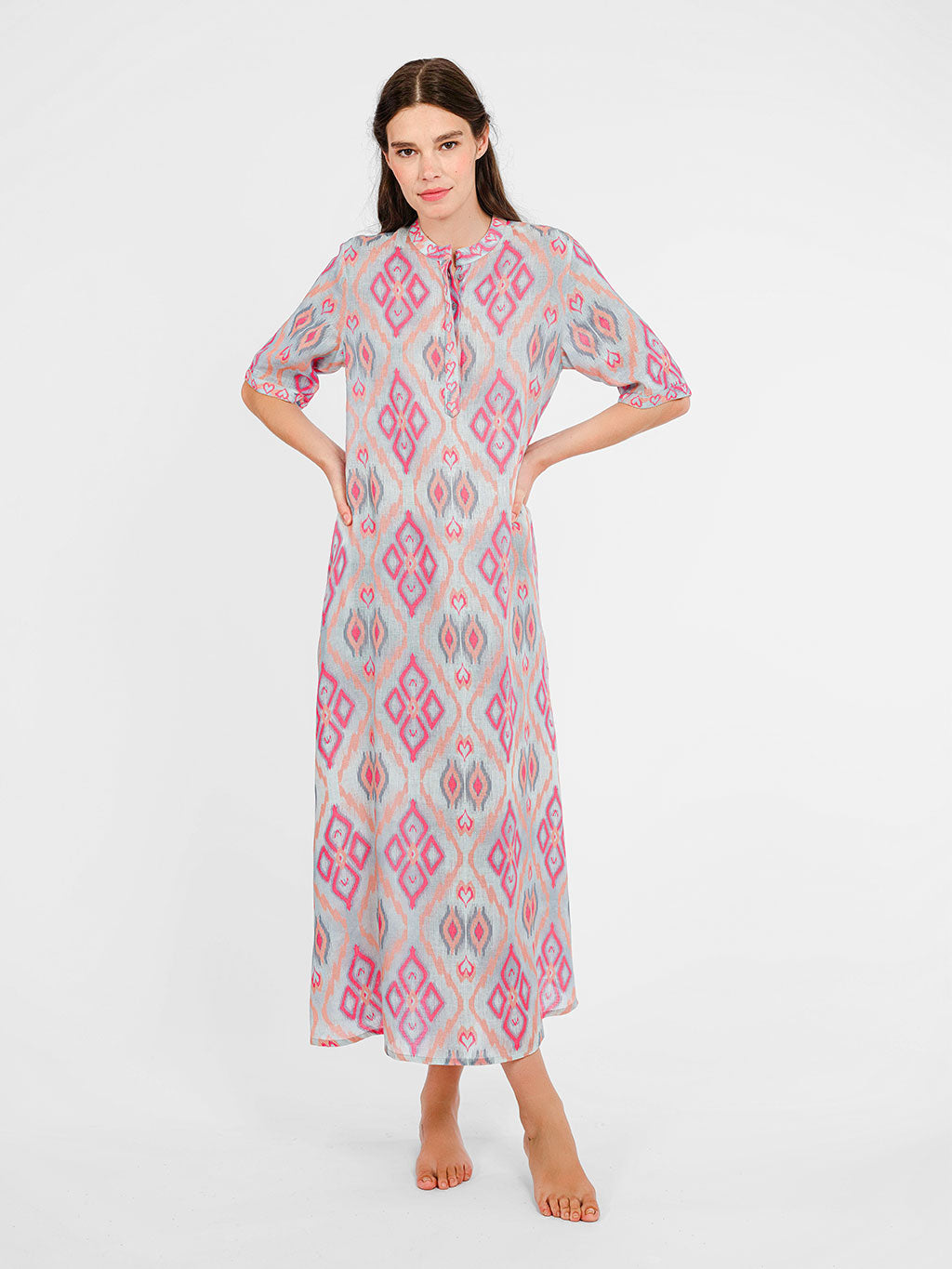 Ankle-length Cassia maxi dress by Nimo With Love in ikat linen featuring a clean silhouette and half sleeves