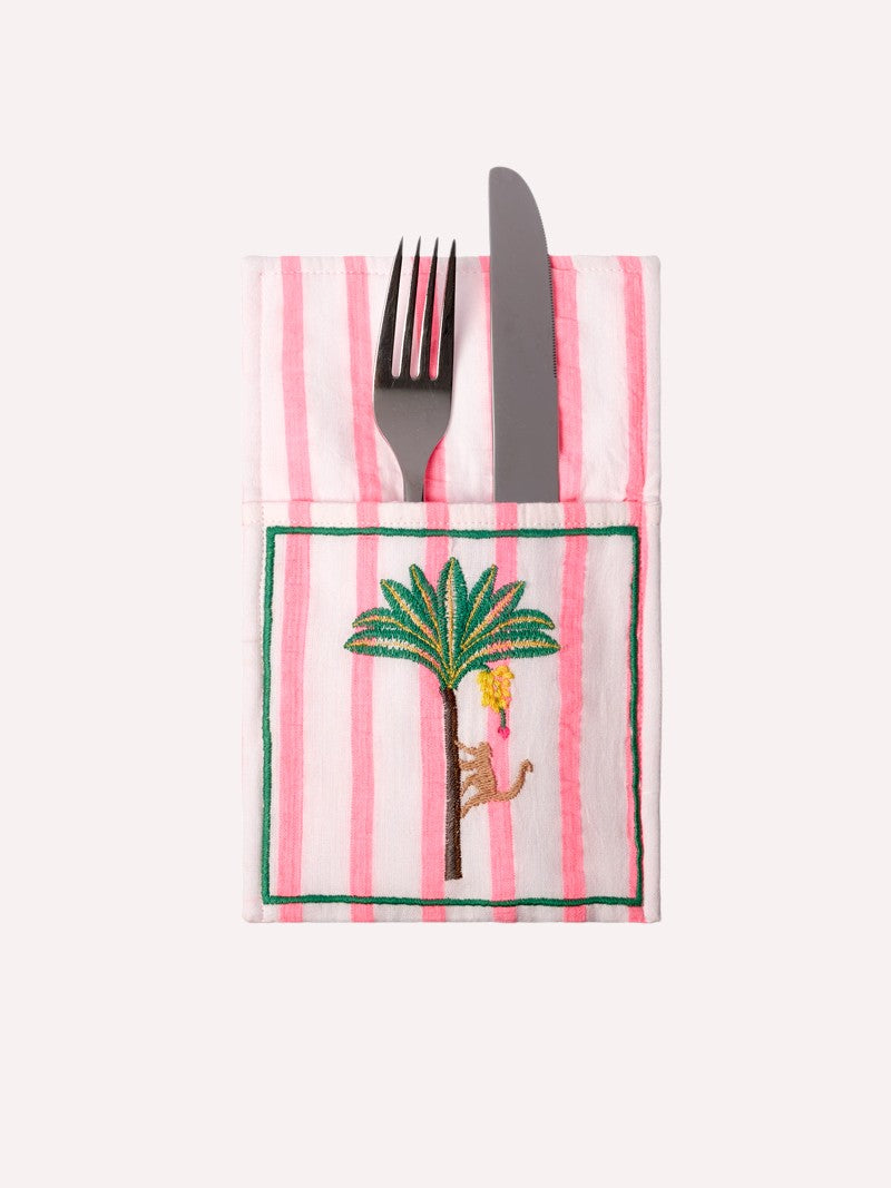 Cutlery Pocket Palm on Pink Stripes