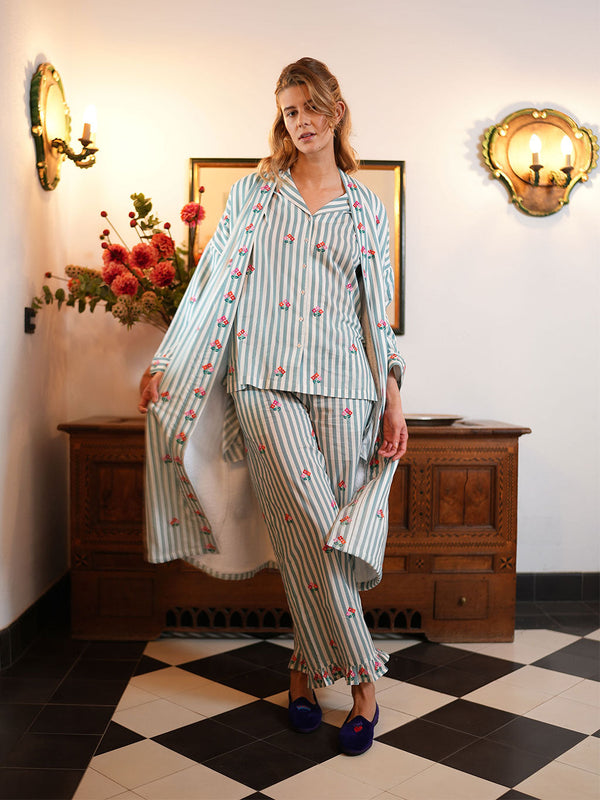 Flowers On Sage Stripes Kimono