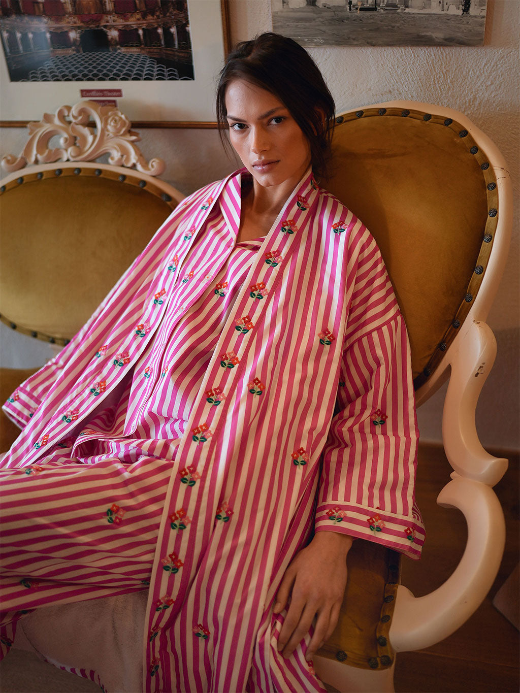 Flowers On Pink Stripes Kimono