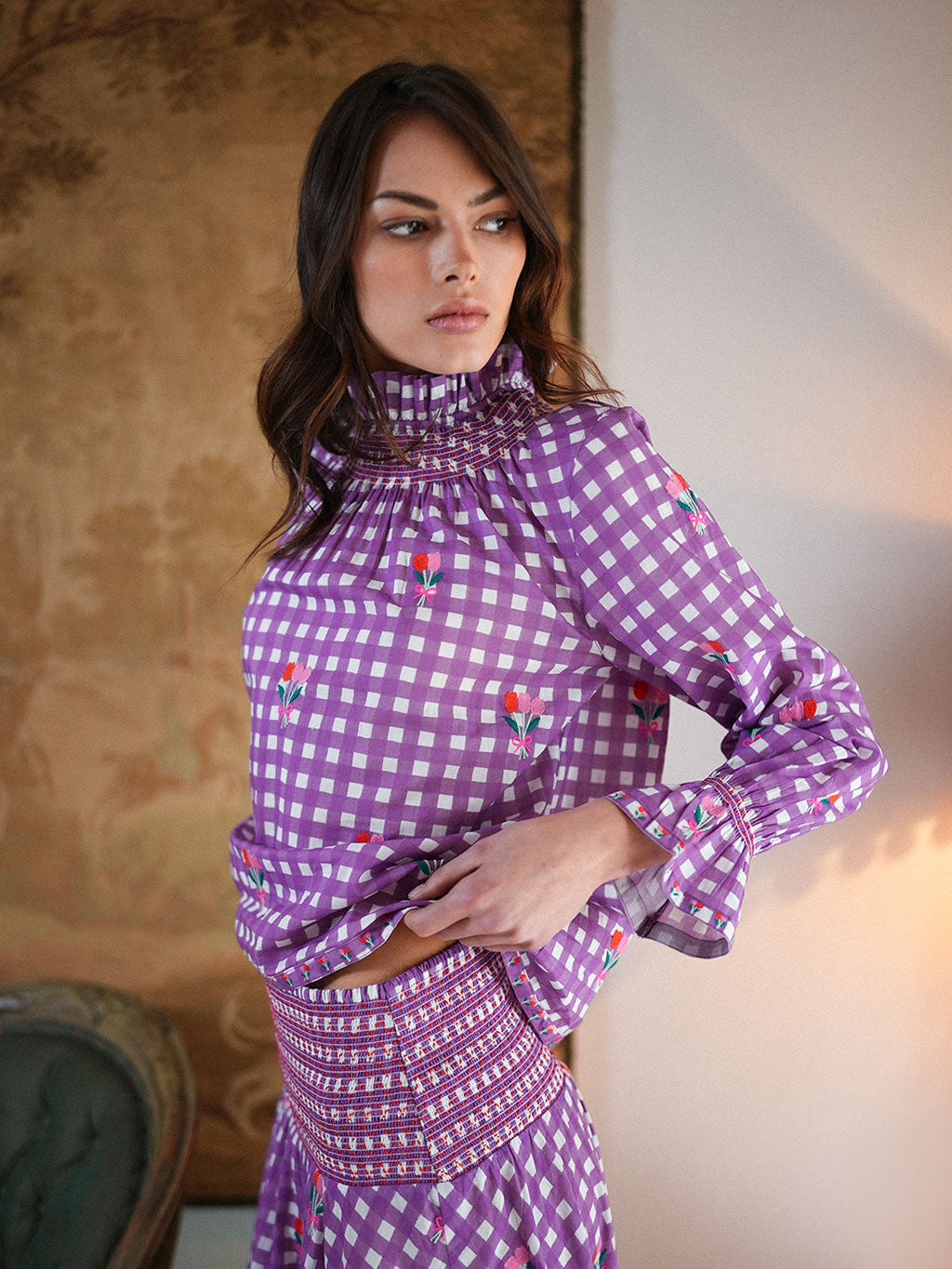 Nettle Blouse Purple Check Flower Embroidery