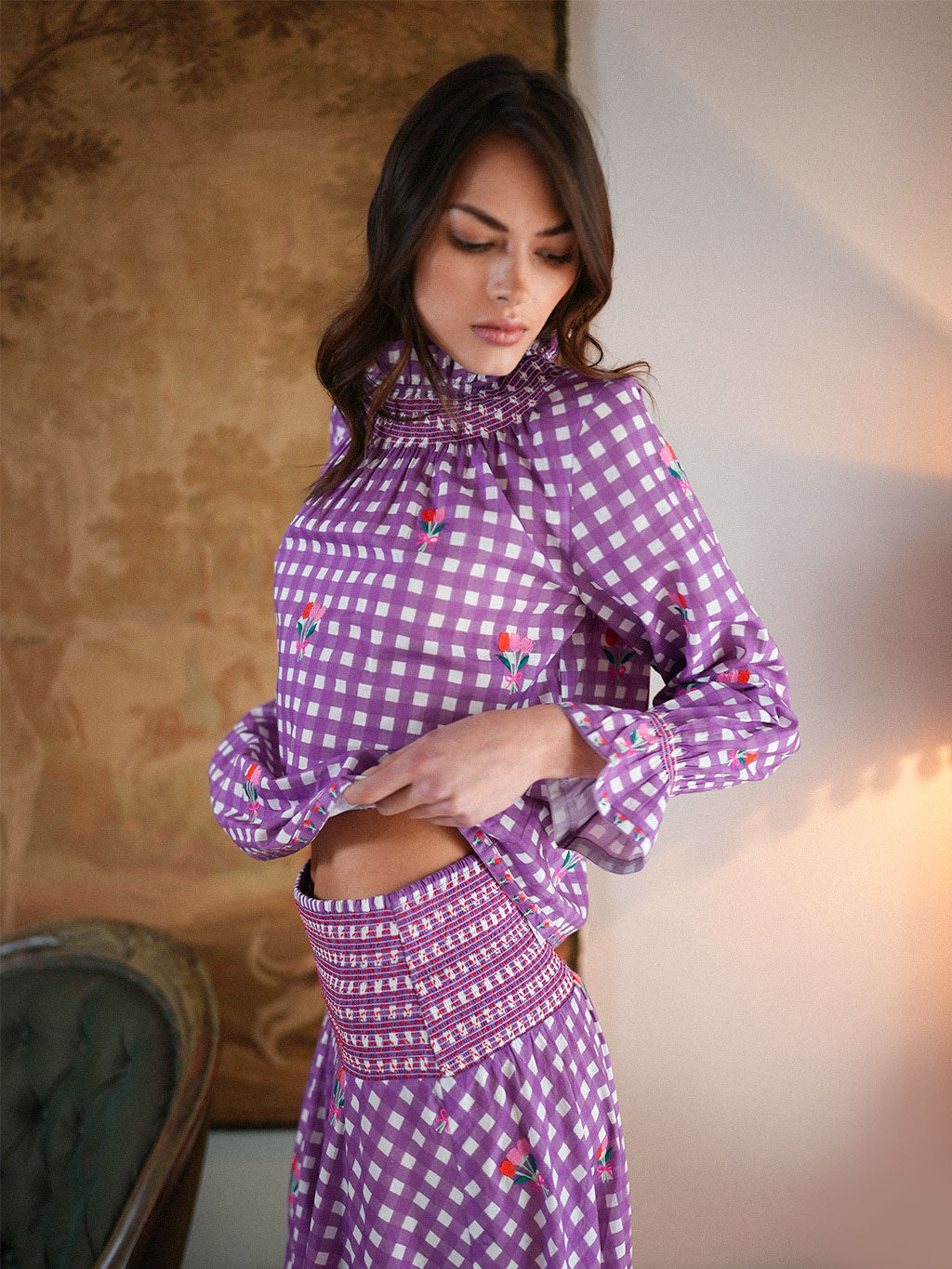 Crocus Skirt Purple Check Flower Embroidery