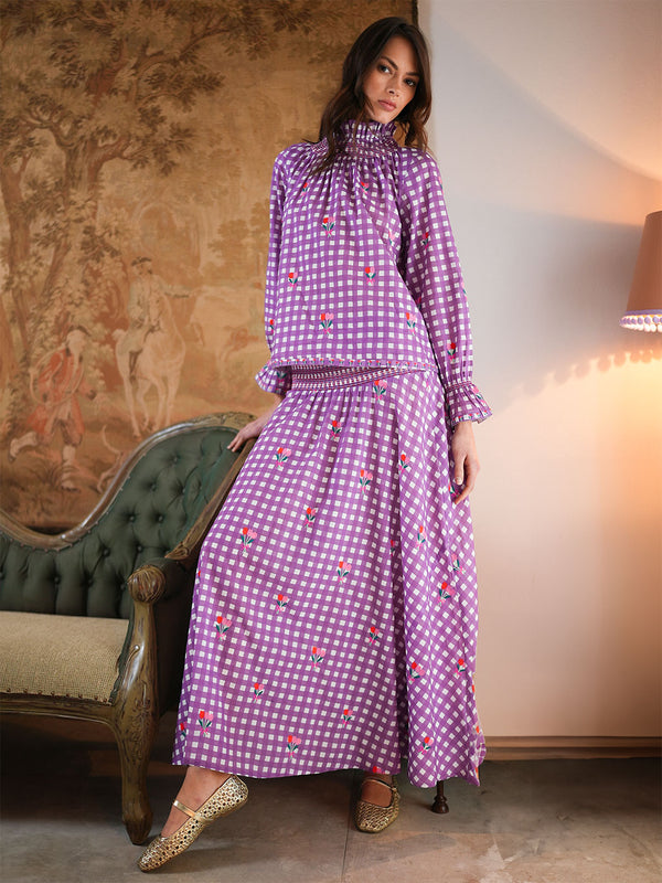 Crocus Skirt Purple Check Flower Embroidery