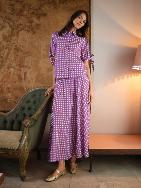 Crocus Skirt Purple Check Flower Embroidery