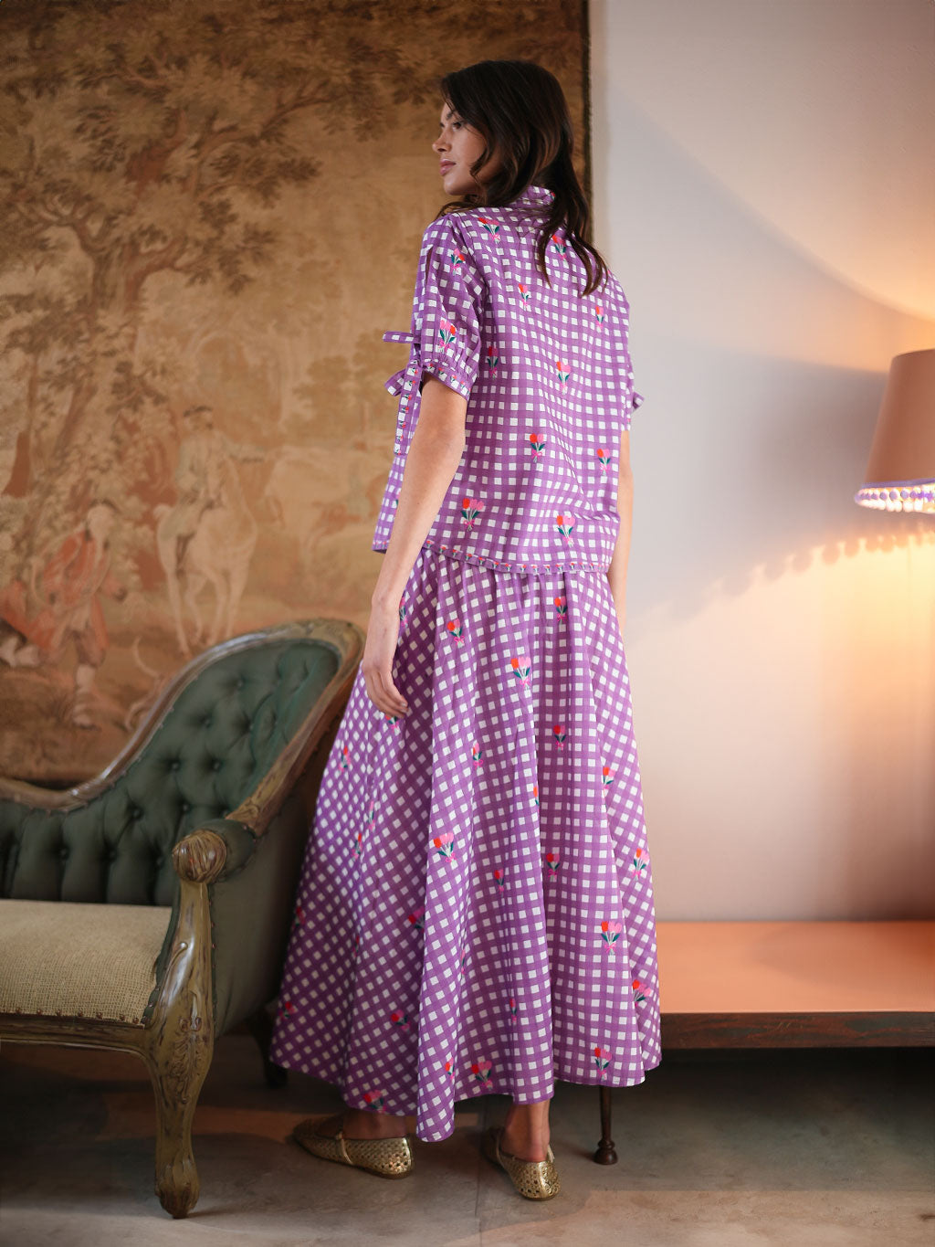 Buttercup Blouse Purple Check Flower Embroidery