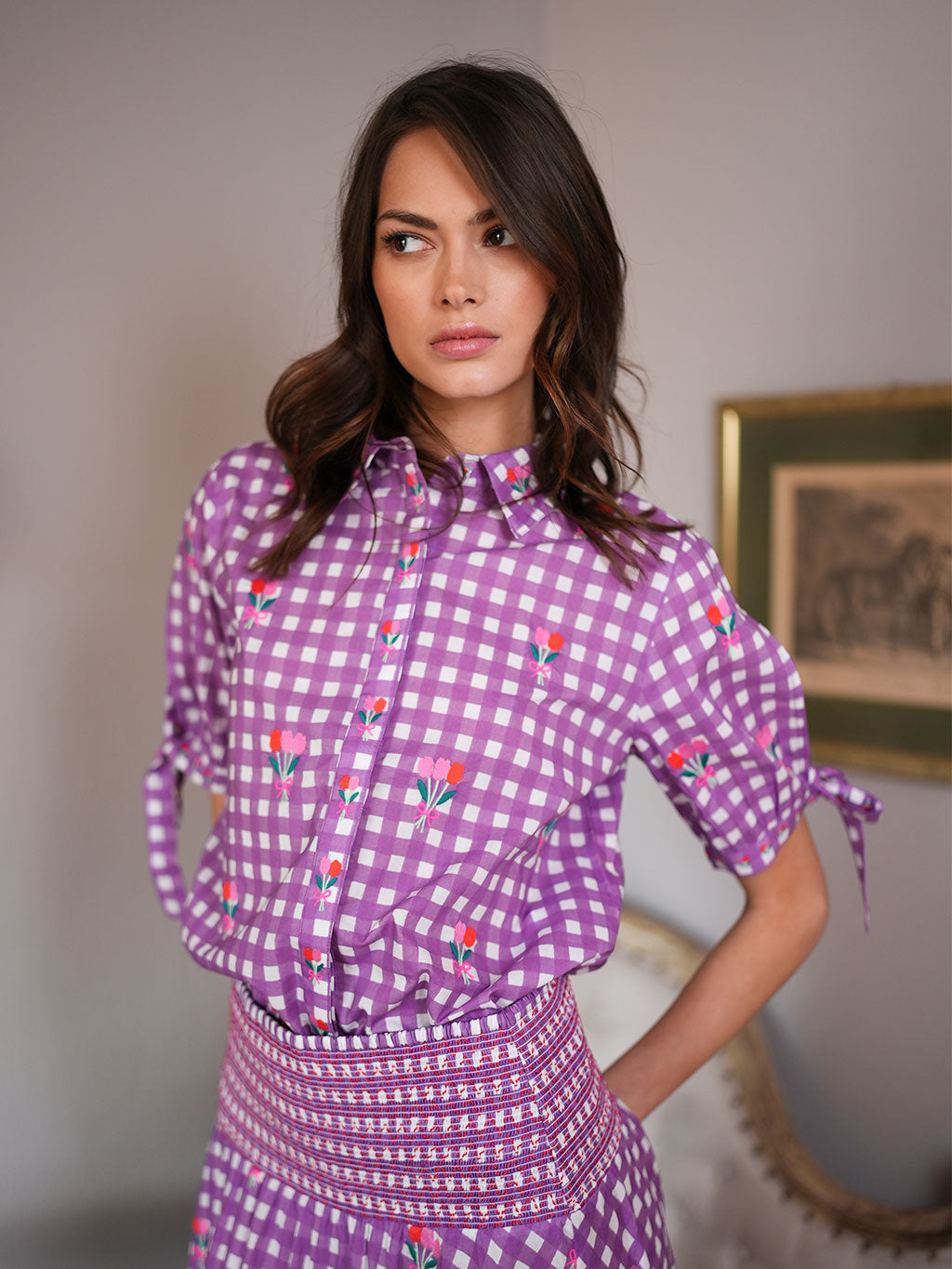 Buttercup Blouse Purple Check Flower Embroidery