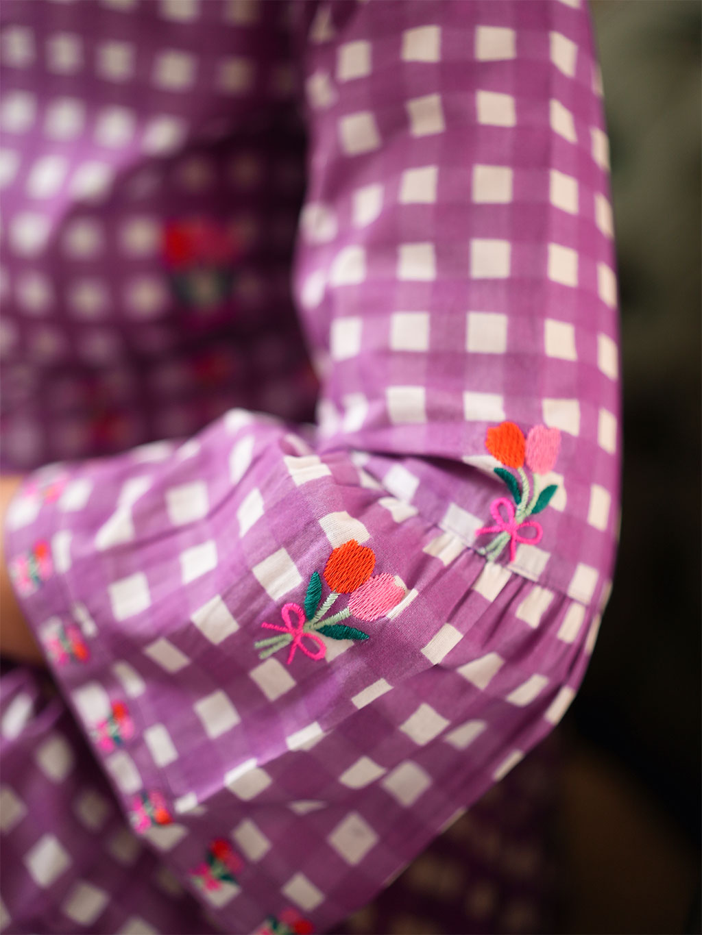 Saffron Dress Purple Check Flower Embroidery