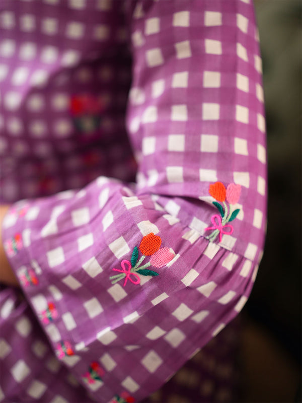 Saffron Dress Purple Check Flower Embroidery