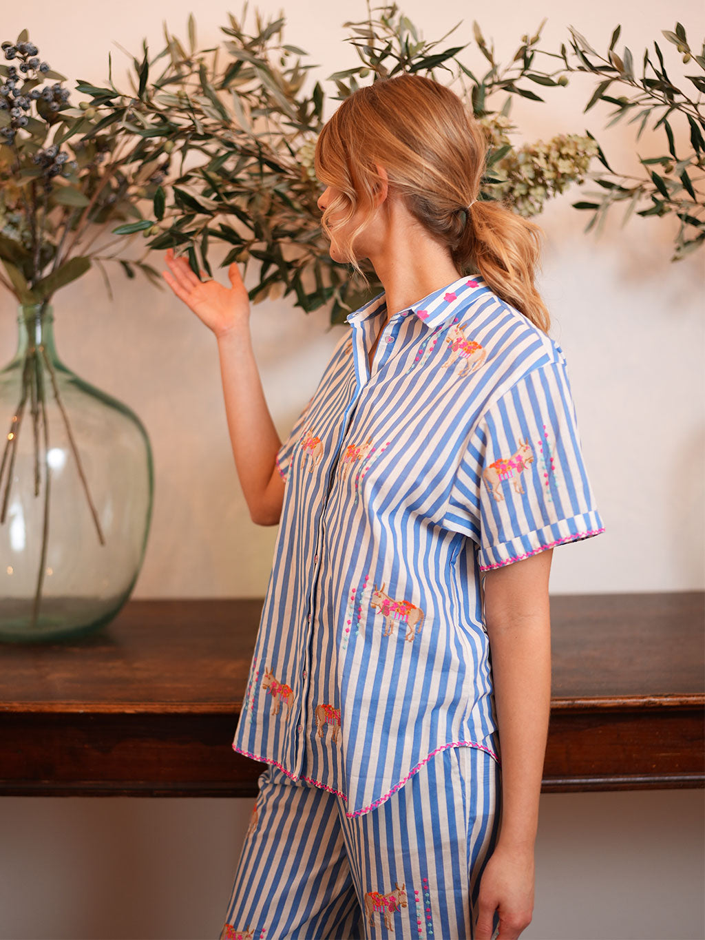 Fig Blouse Donkey on Blue Stripes