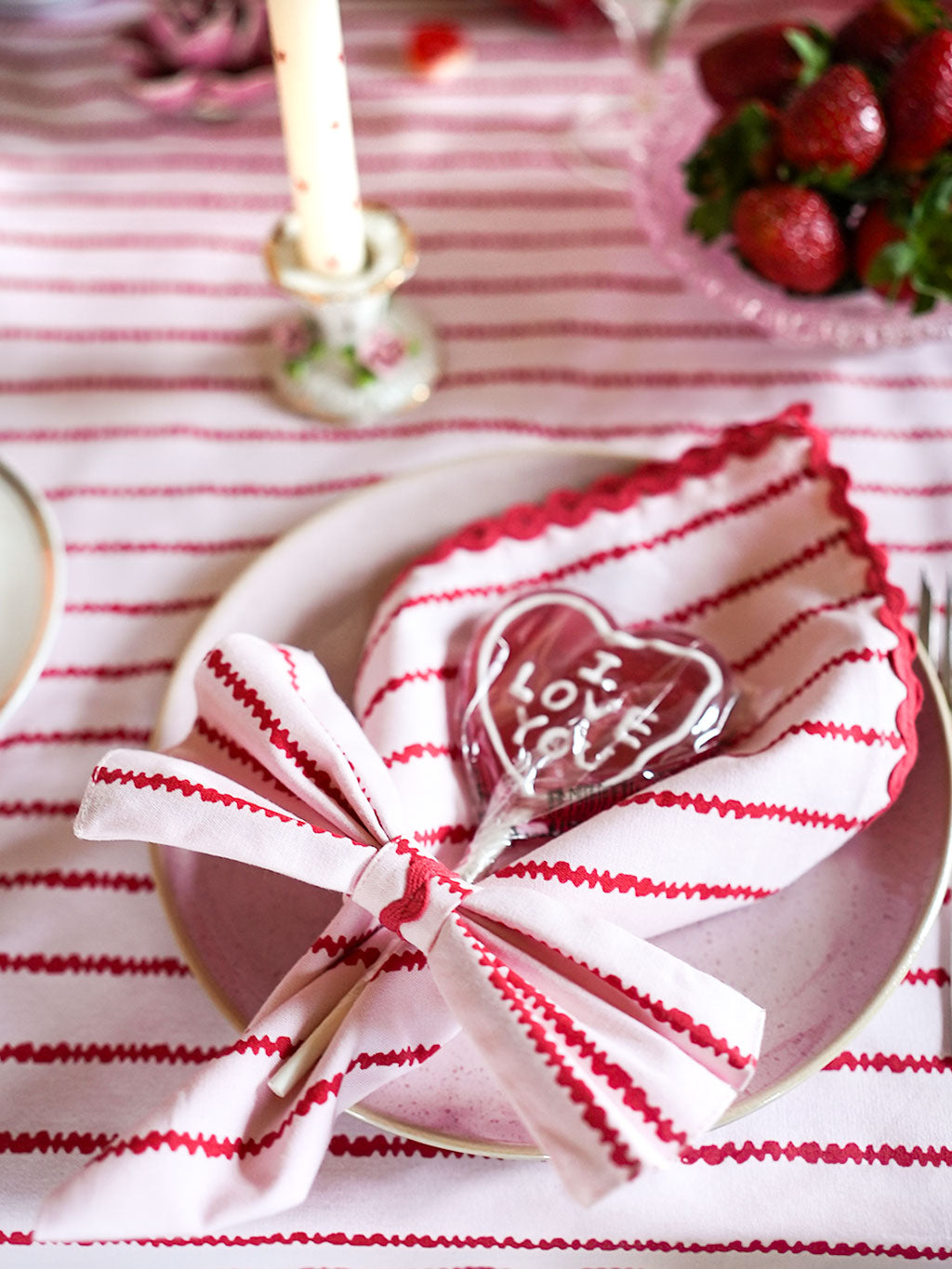 Napkin Red Stripes on Pale Pink