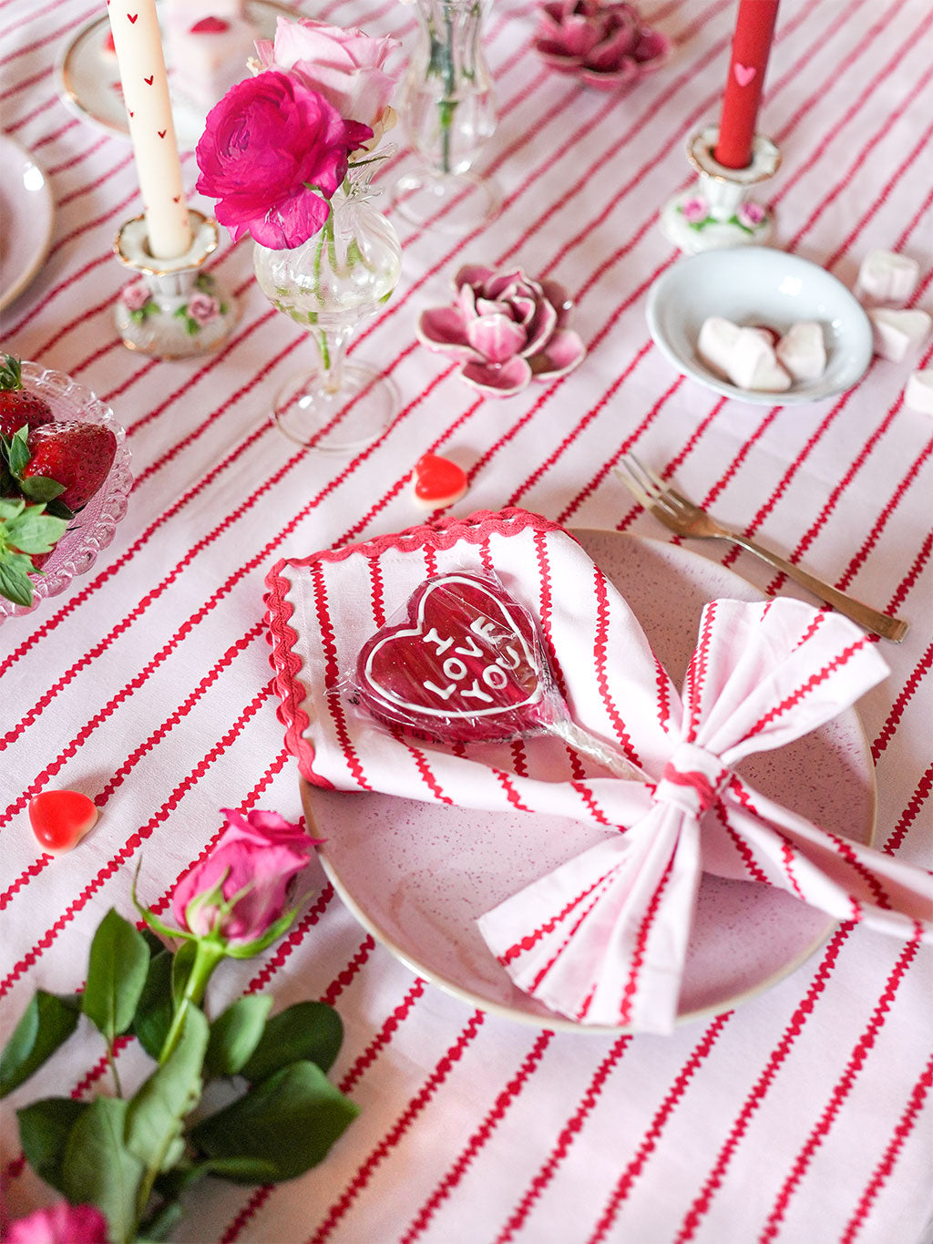 Bow Napkin Ring Red Stripes on Pale Pink