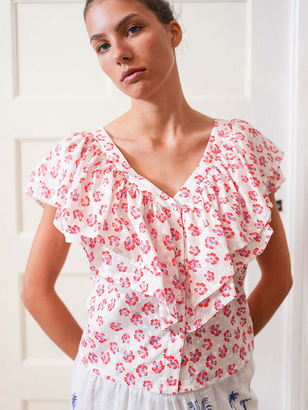 Sweet Pea Blouse Red Pansies on White