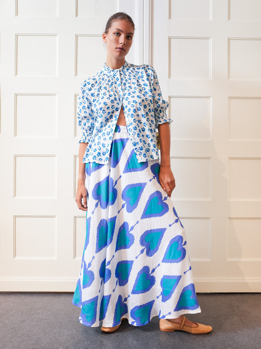 Bergamot Blouse Blue Pansies on White