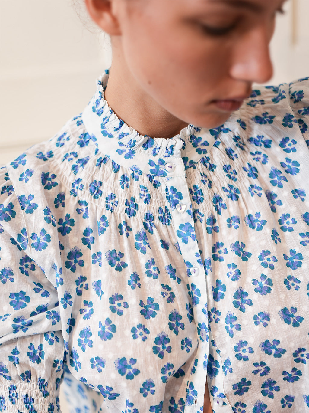 Bergamot Blouse Blue Pansies on White