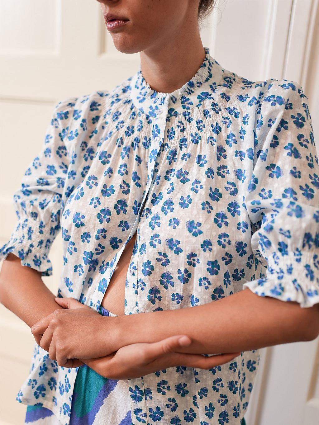Bergamot Blouse Blue Pansies on White