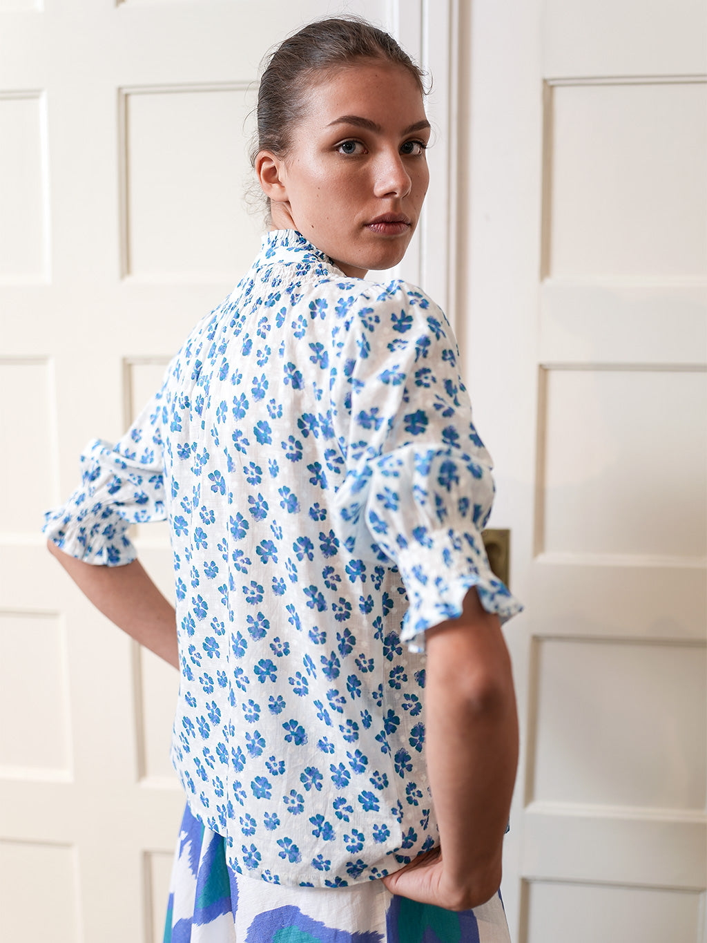 Bergamot Blouse Blue Pansies on White