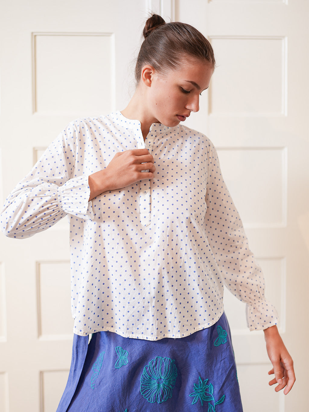 Broom Blouse Blue Dots on White
