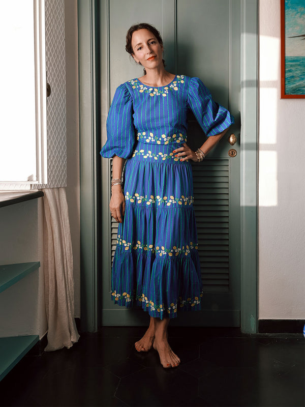 NIMO x CASA PERNICE Blue Skirt Lemon Embroidery