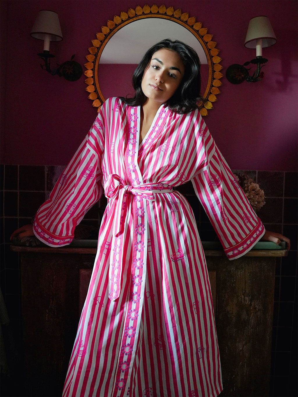 Bonjour on Red Stripes Kimono