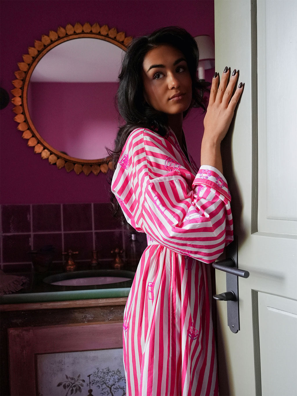 Bonjour on Red Stripes Kimono