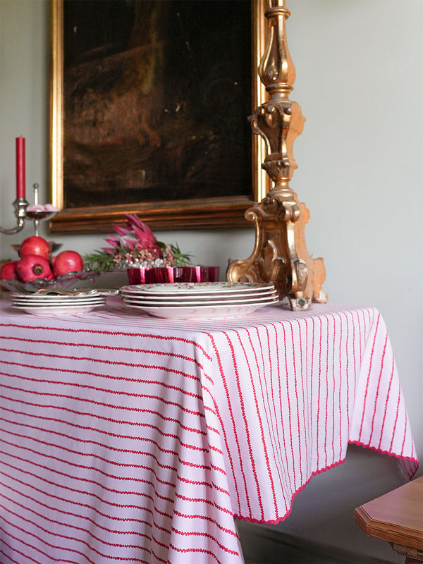 Tablecloth Red Stripes on Soft Pink