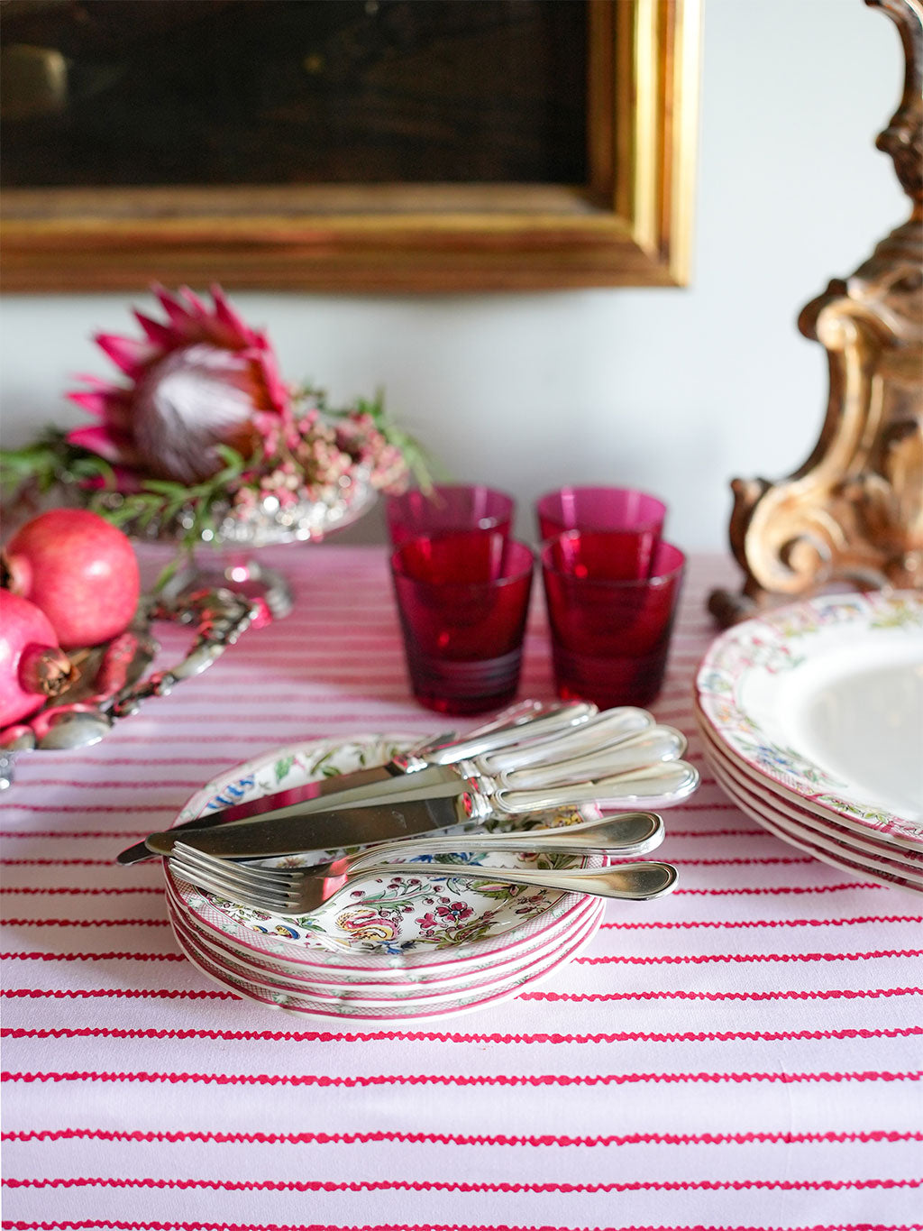 Tablecloth Red Stripes on Soft Pink