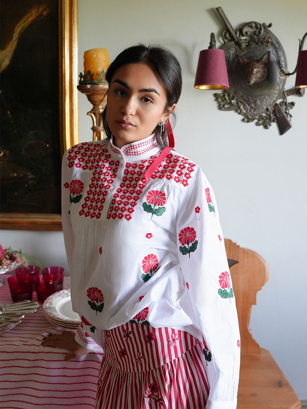Juniper Berry Blouse Red Flower Embroidery on White