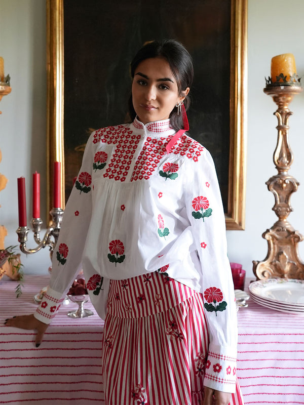 Juniper Berry Blouse Red Flower Embroidery on White