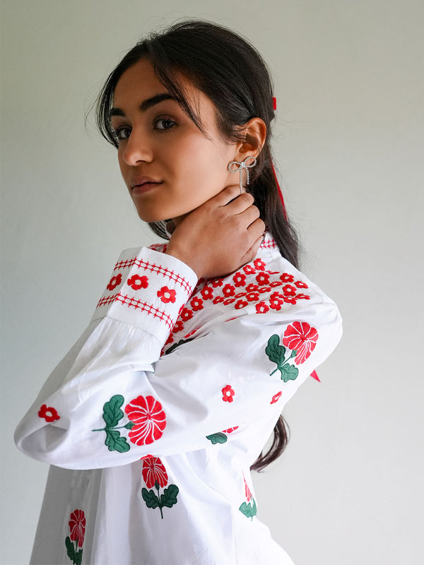 Juniper Berry Blouse Red Flower Embroidery on White