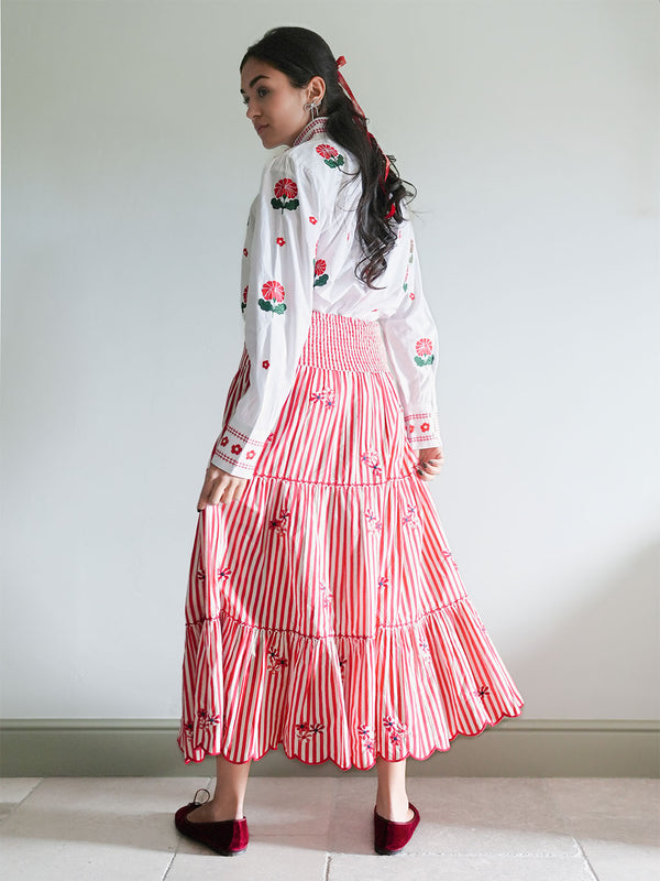 Blue Monkswood Skirt Red Stripes Flower Embroidery