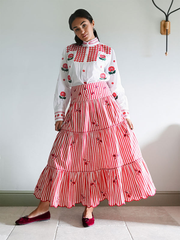 Blue Monkswood Skirt Red Stripes Flower Embroidery