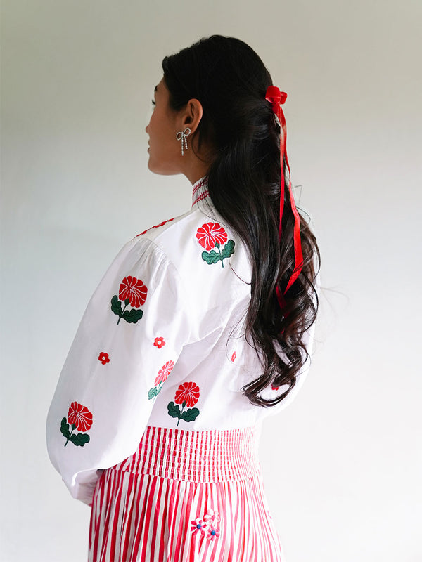 Juniper Berry Blouse Red Flower Embroidery on White