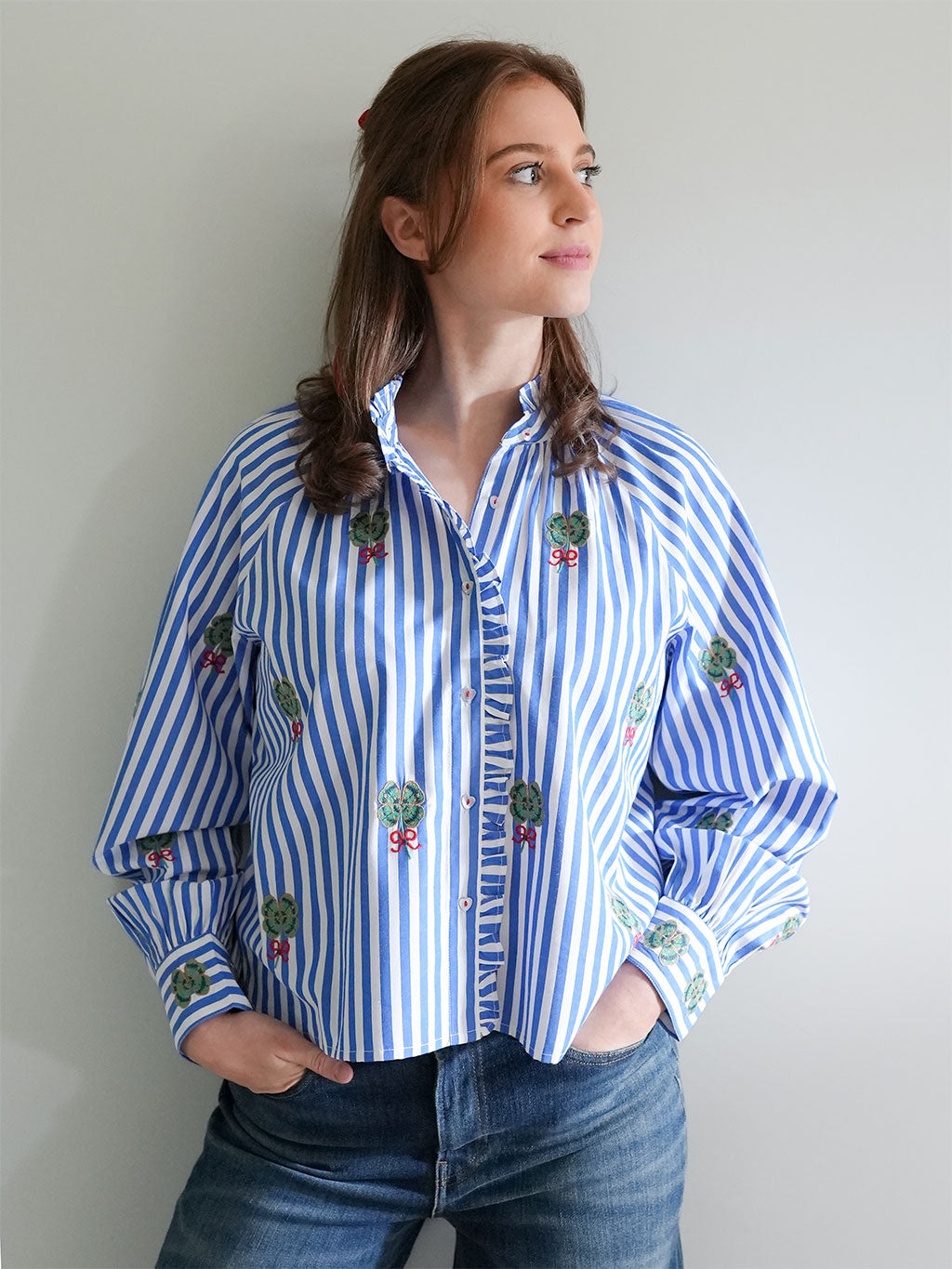 Taragon Blouse Clover Embroidery on Blue Stripes