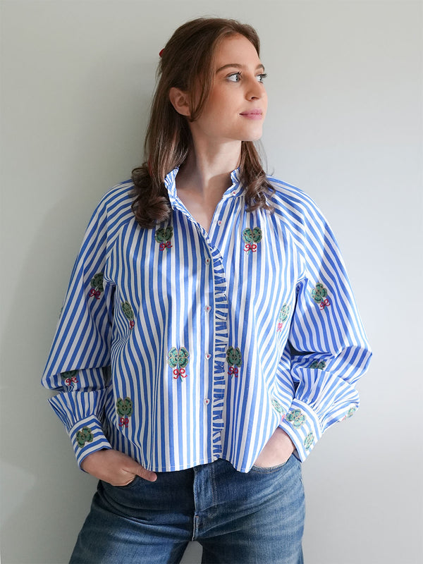 Taragon Blouse Clover Embroidery on Blue Stripes