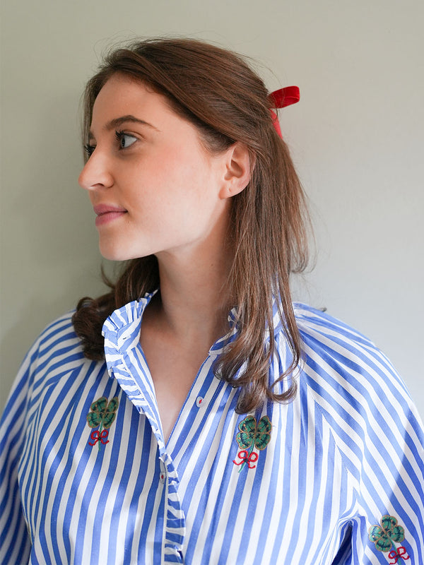 Taragon Blouse Clover Embroidery on Blue Stripes