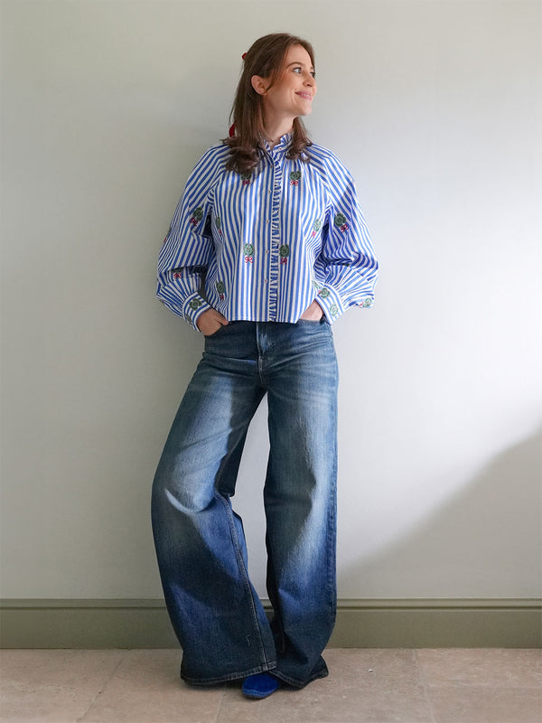 Taragon Blouse Clover Embroidery on Blue Stripes