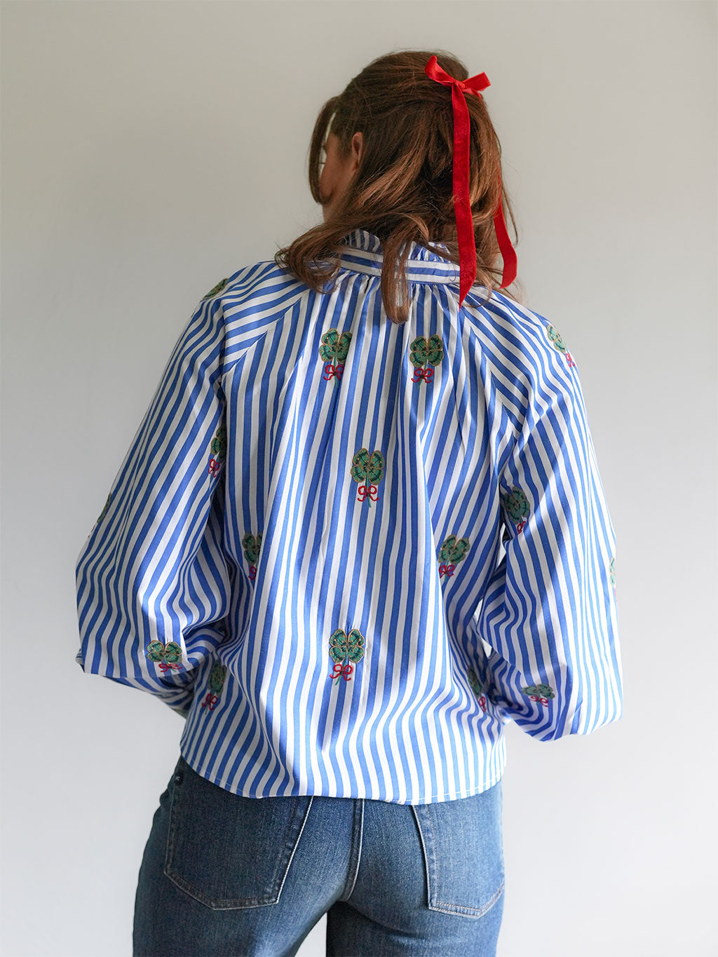 Taragon Blouse Clover Embroidery on Blue Stripes