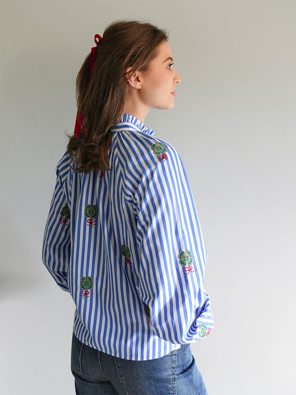 Taragon Blouse Clover Embroidery on Blue Stripes