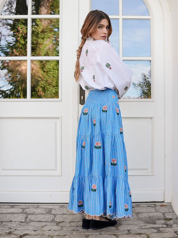 Blue Monkswood Skirt Blue Stripes Flower Embroidery