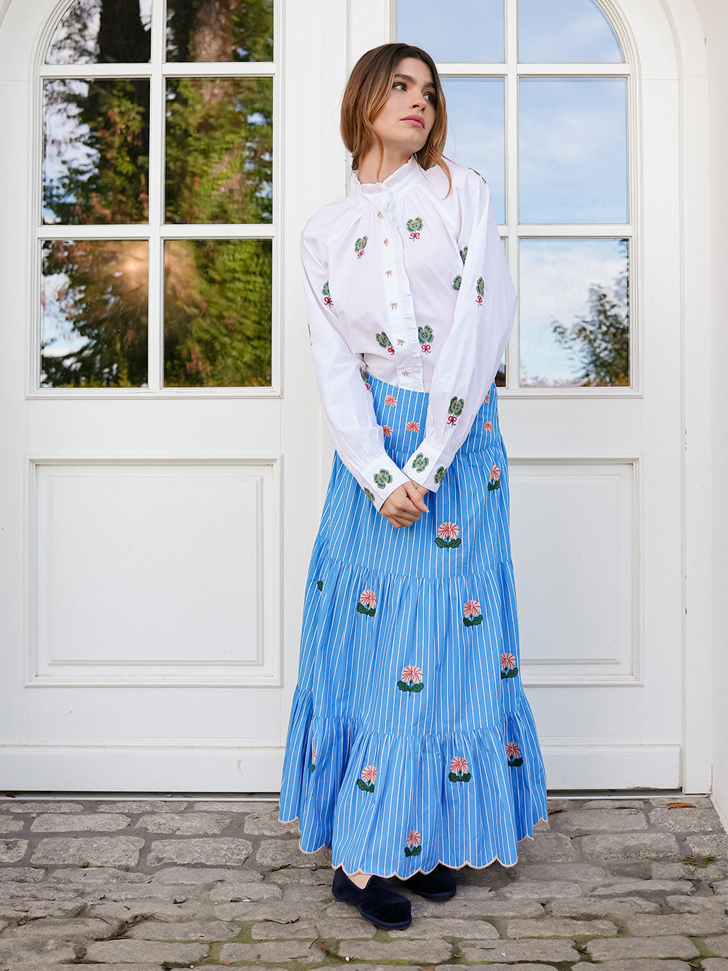 Blue Monkswood Skirt Blue Stripes Flower Embroidery