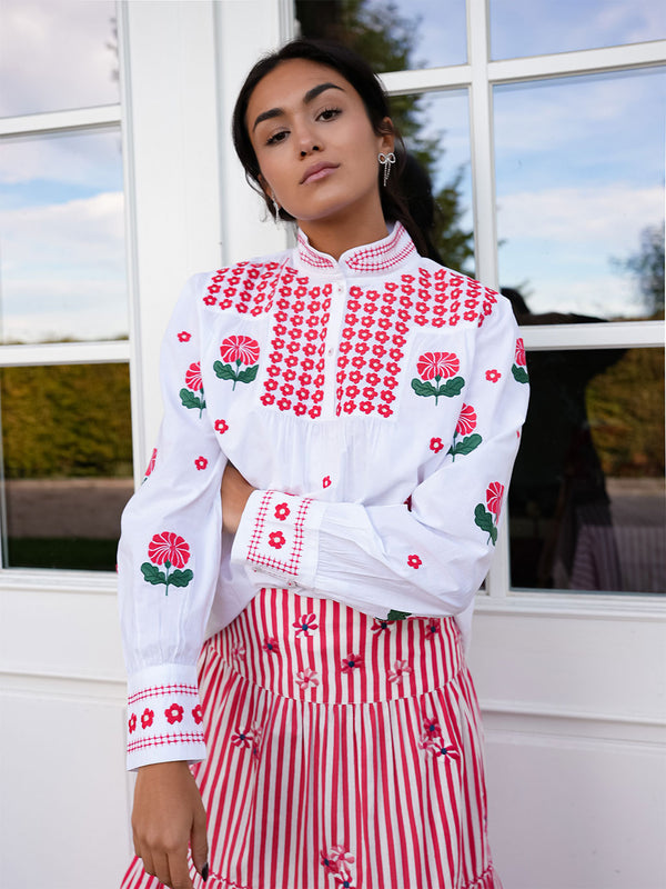 Juniper Berry Blouse Red Flower Embroidery on White