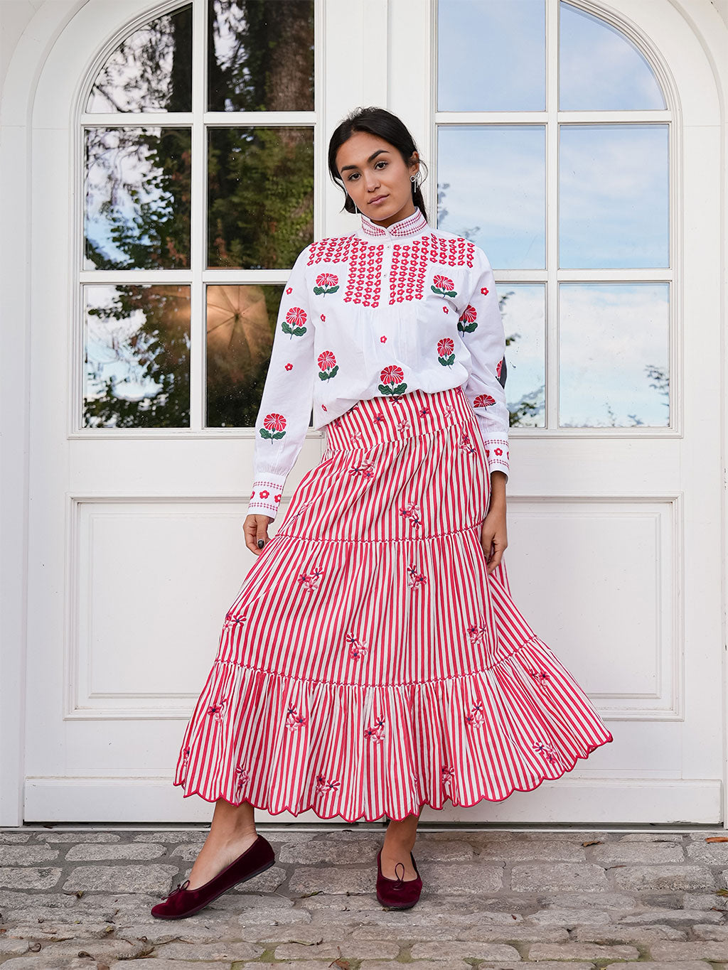 Blue Monkswood Skirt Red Stripes Flower Embroidery