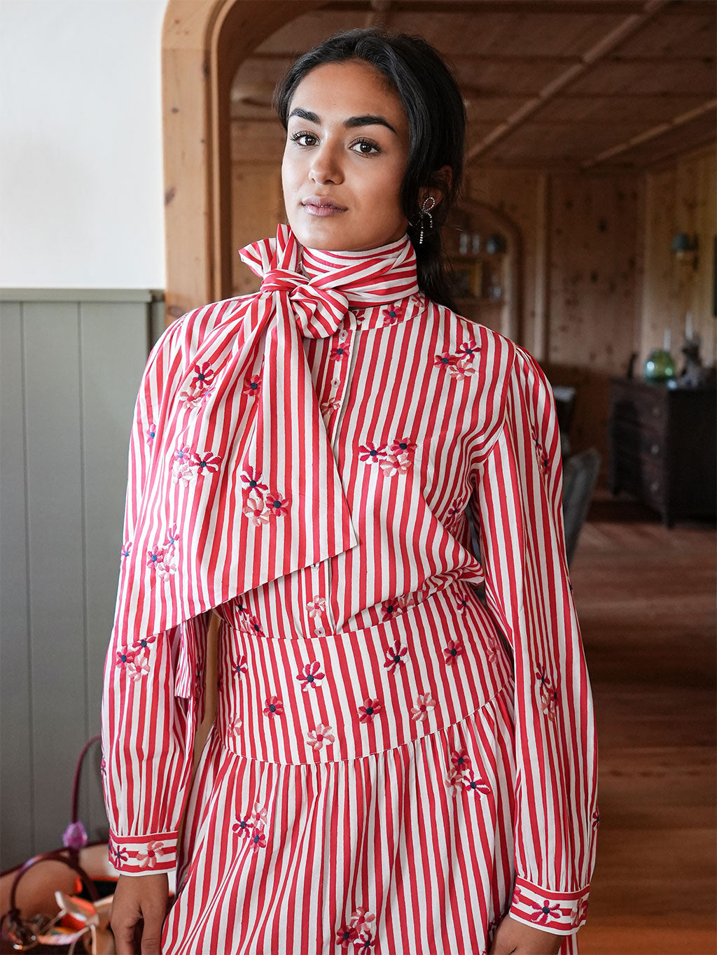 Amaryllis Blouse Flower Embroidery on Red Stripes