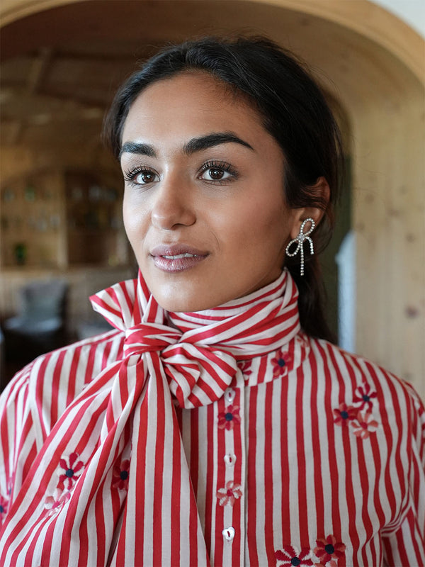 Scarf Belt Flower Embroidery on Red Stripes