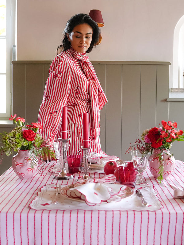 Tablecloth Red Stripes on Soft Pink