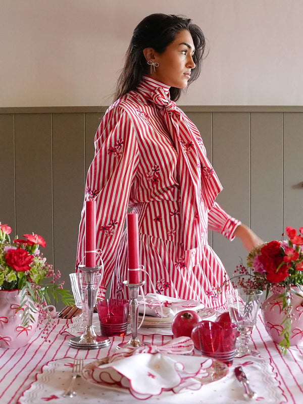Amaryllis Blouse Flower Embroidery on Red Stripes