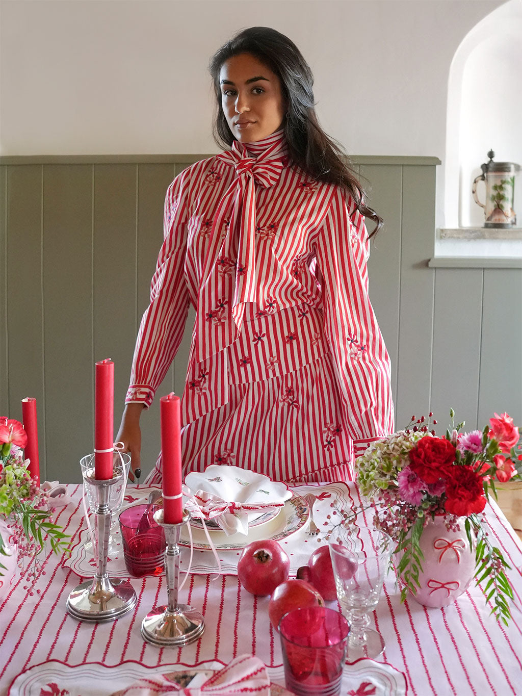 Scarf Belt Flower Embroidery on Red Stripes