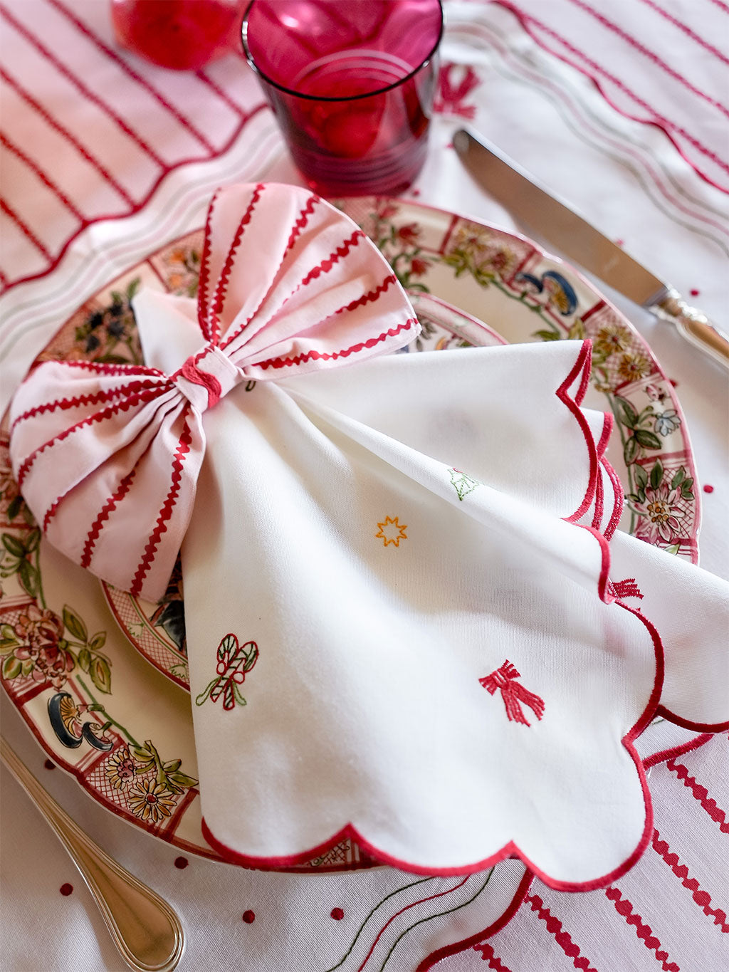 Bow Napkin Ring Red Stripes on Pale Pink