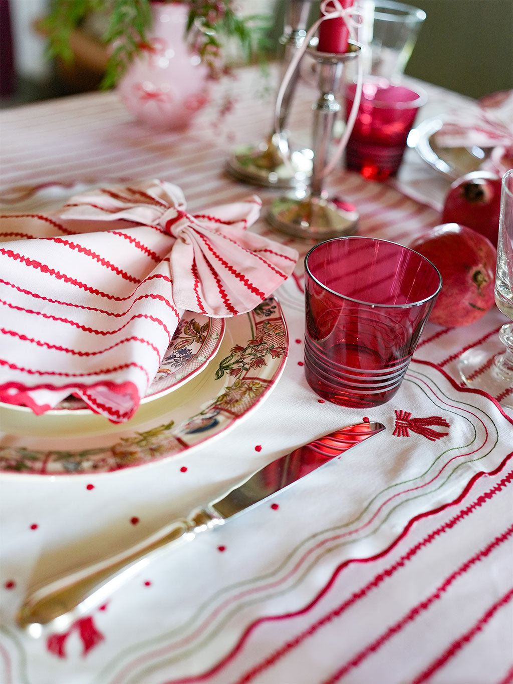 Napkin Red Stripes on Pale Pink