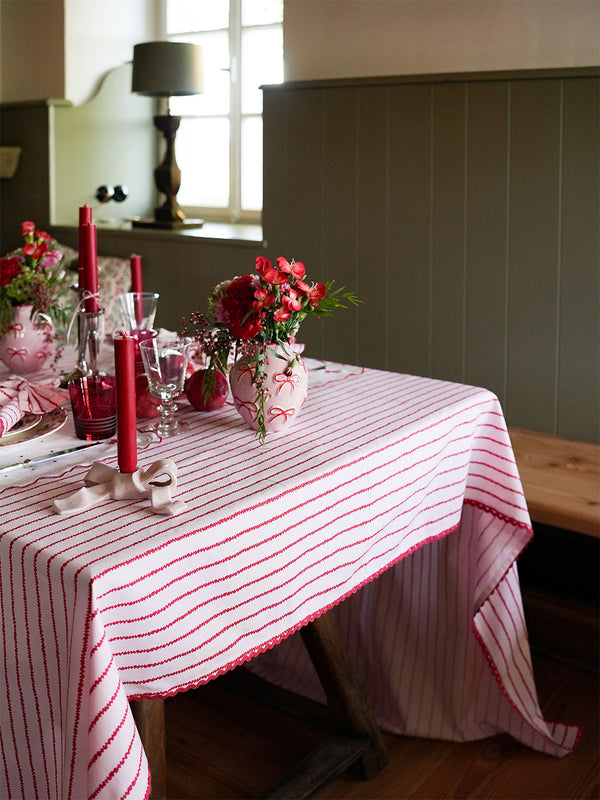 Tablecloth Red Stripes on Soft Pink